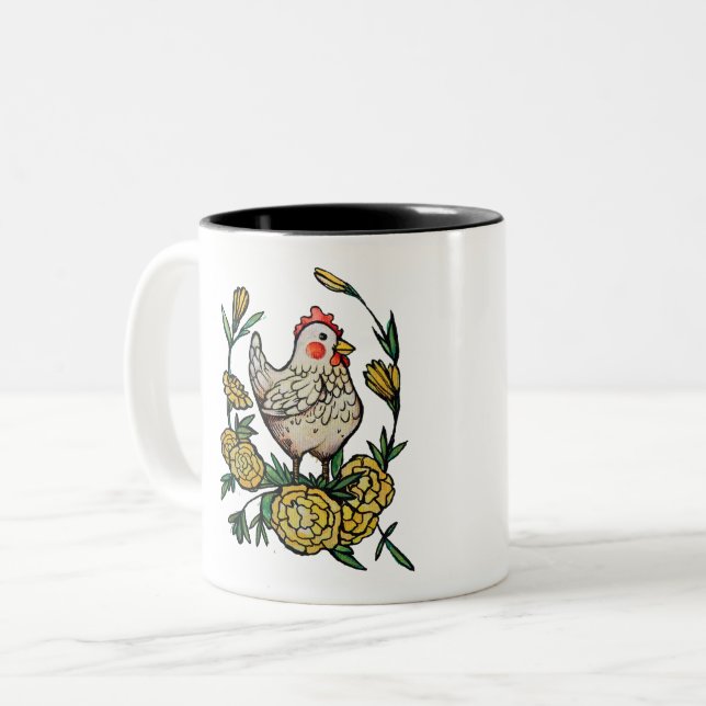 Caneca De Café Em Dois Tons Galinhas com Ilustração de Galinha e Flor (Frente Esquerda)