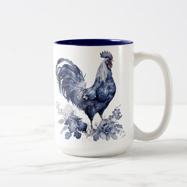Caneca De Café Em Dois Tons "Galo" Estilo Blue Willow Personalizado (Direita)