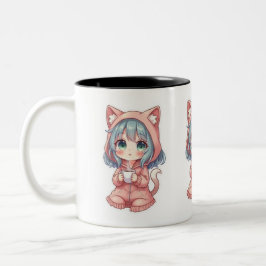 Caneca De Café Em Dois Tons Garota Anime Kawaii Aconchegante com Capuz de Gato