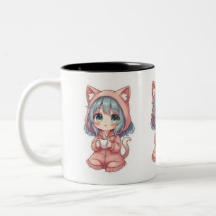 Caneca De Café Em Dois Tons Garota Anime Kawaii Aconchegante com Capuz de Gato