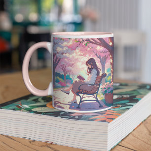 Caneca De Café Em Dois Tons Garota Anime Lendo no Parque