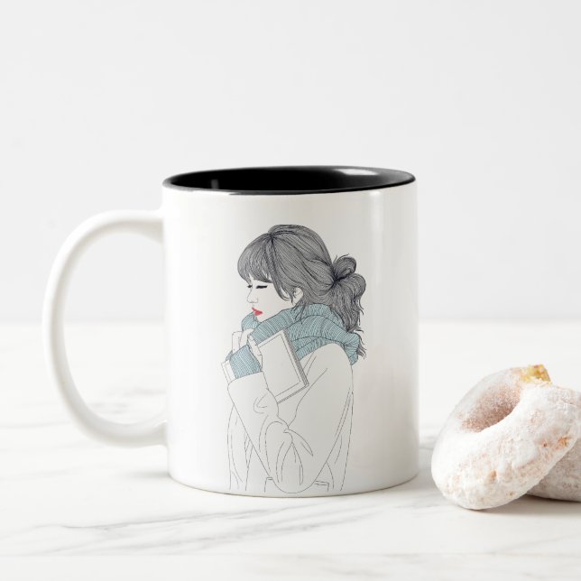 Caneca De Café Em Dois Tons Garota com cachecol e livro (Com Donut)