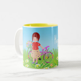 Caneca De Café Em Dois Tons Garota com uma bicicleta em um campo florescente
