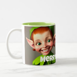 Caneca De Café Em Dois Tons Garota Engraçada Elf Feliz Cama de Natal