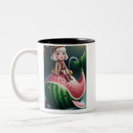 Caneca De Café Em Dois Tons Garota Fofa Montando uma Baleia de Melancia