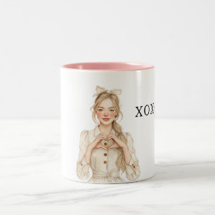 Caneca De Café Em Dois Tons Garota Loira Coração Mãos XOXO