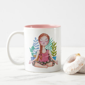 Caneca De Café Em Dois Tons Garota Meditante Com Plantas