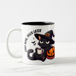 Caneca De Café Em Dois Tons Gata bruxa fofa e Halloween de abóbora 
