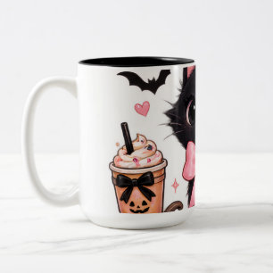 Caneca De Café Em Dois Tons Gata Preta Coquete Fofa de Halloween com Laços Ros