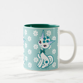 Caneca De Café Em Dois Tons Gatinha Fofa Menina Azul Água