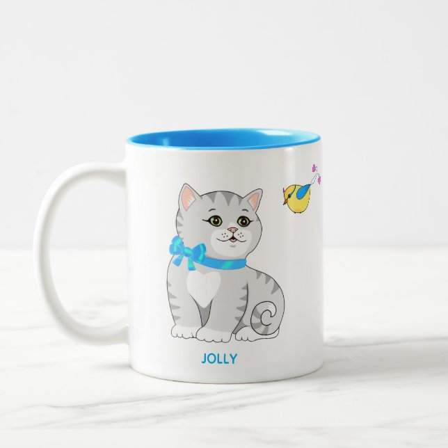 Caneca De Café Em Dois Tons Gatinho Atigrado Cinza Fofo & Passarinho (Esquerda)