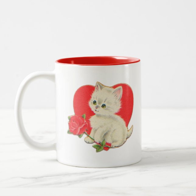 Caneca De Café Em Dois Tons Gatinho com Rosa e Coração (Esquerda)