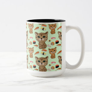 Caneca De Café Em Dois Tons gatinho e padrão sushi