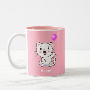 Caneca De Café Em Dois Tons Gatinho feliz bonito segurando um balão no Rosa Do