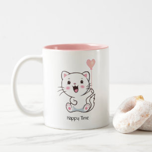 Caneca De Café Em Dois Tons Gatinho fofo e feliz segurando um balão