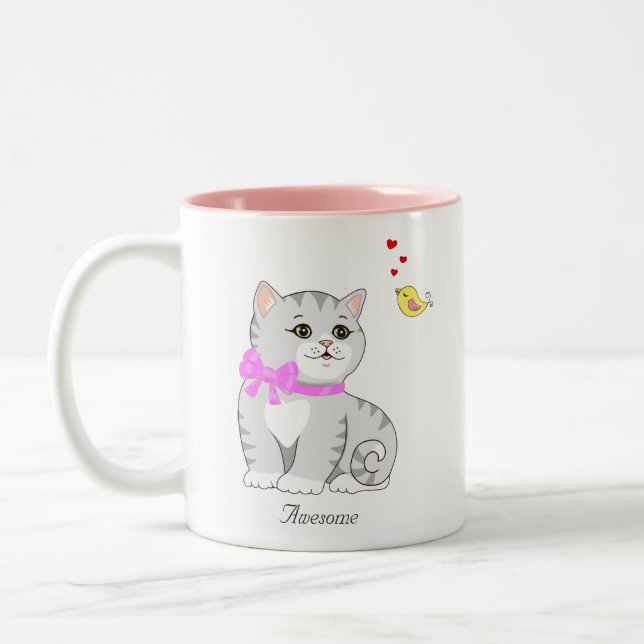 Caneca De Café Em Dois Tons Gatinho Malhado Fofo em Branco (Esquerda)