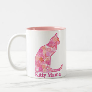 Caneca De Café Em Dois Tons Gatinho Mama Sentada Gato no Padrão Fractal Rosa