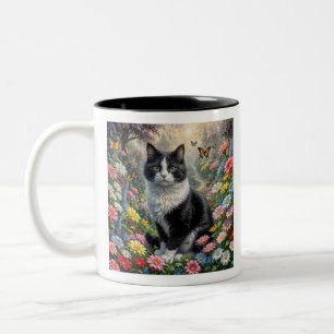 Caneca De Café Em Dois Tons Gatinho no jardim das flores