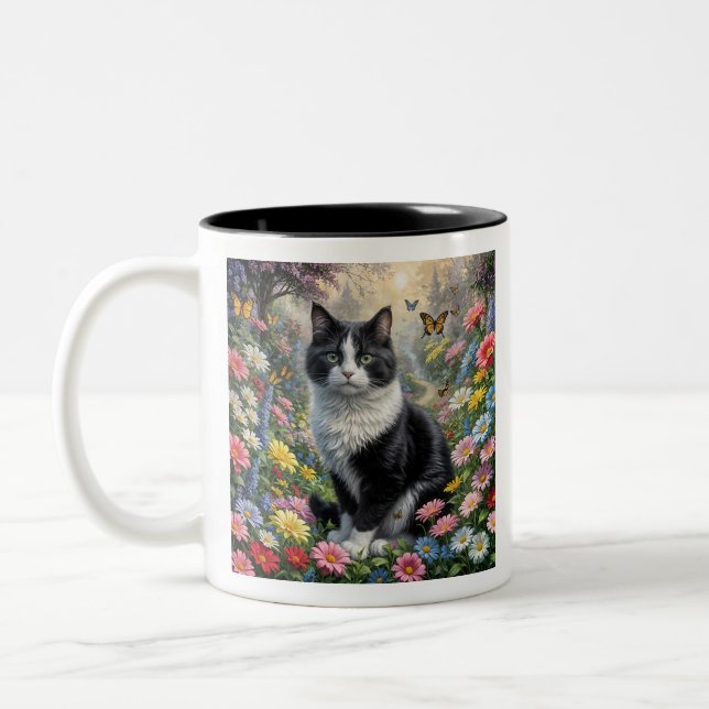 Caneca De Café Em Dois Tons Gatinho no jardim das flores (Esquerda)