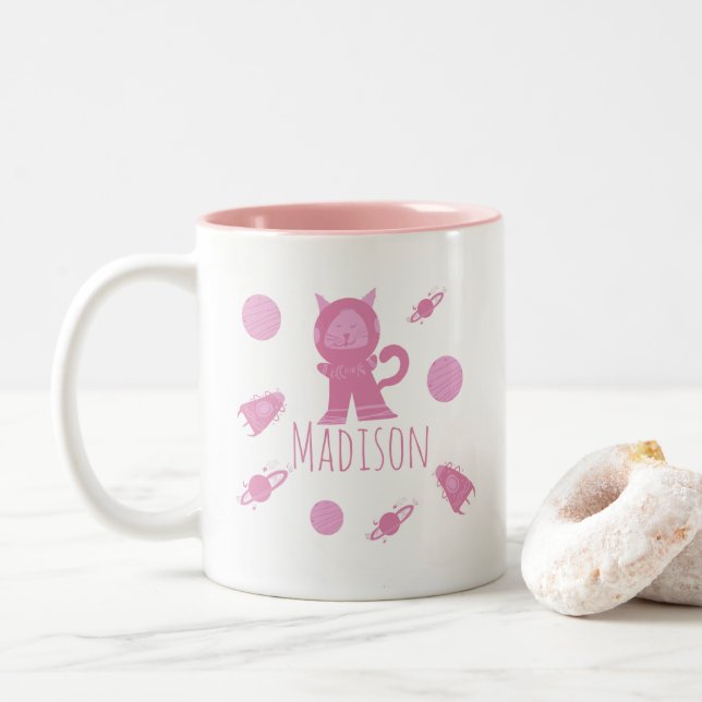 Caneca De Café Em Dois Tons Gatinho Rosa Gato Espacial Nome (Com Donut)