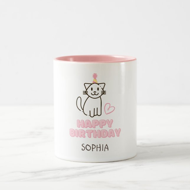 Caneca De Café Em Dois Tons Gato Adorável num Chapéu de Aniversário (Centro)