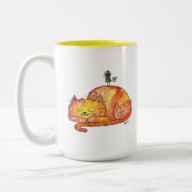 Caneca De Café Em Dois Tons Gato Adormecido Caprichoso Fofo (Esquerda)