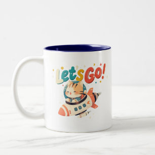 Caneca De Café Em Dois Tons Gato astronauta bonito cavalgando foguete no espaç