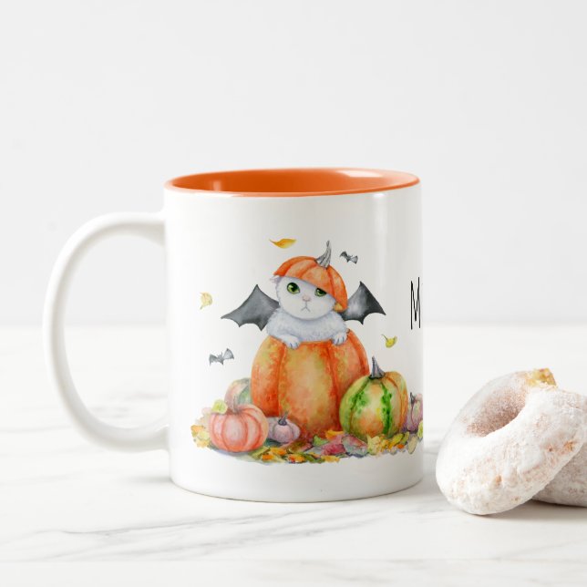 Caneca De Café Em Dois Tons Gato Bonito de Halloween em Abóbora (Com Donut)