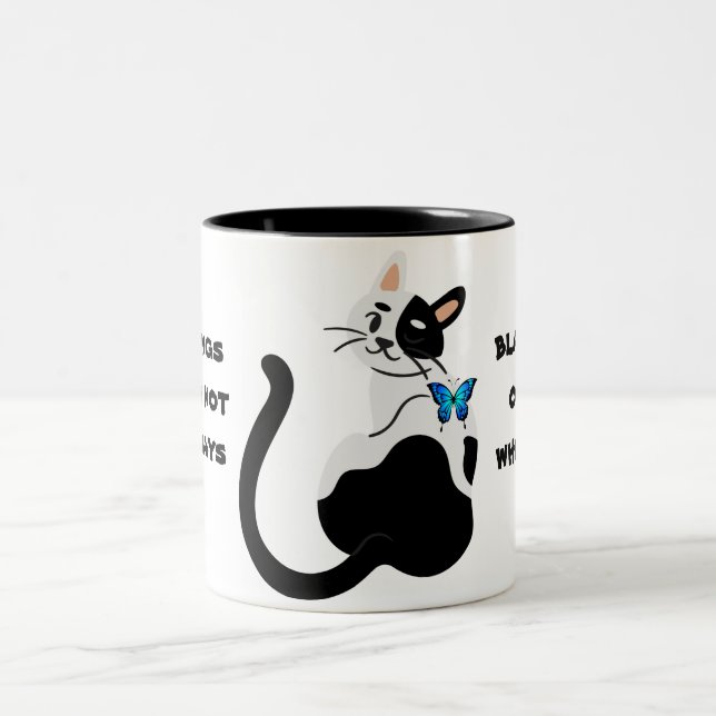 Caneca De Café Em Dois Tons Gato bonito, linda borboleta, preto, azul (Centro)