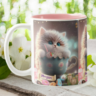 Caneca De Café Em Dois Tons Gato bonito sentado em uma caneca personalizada