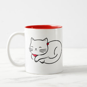 Caneca De Café Em Dois Tons Gato Branco Cinto Dormindo