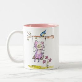 Caneca De Café Em Dois Tons Gato Branco Cinto-Rosa em Swing
