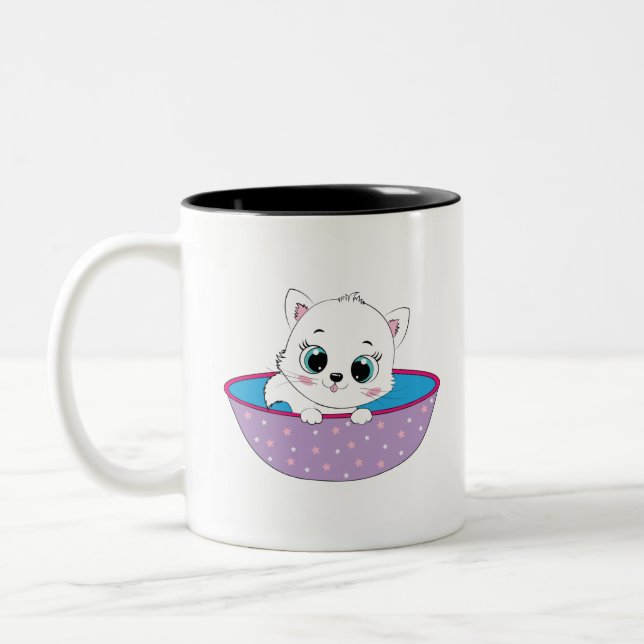 Caneca De Café Em Dois Tons gato branco fofo (Esquerda)