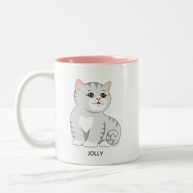 Caneca De Café Em Dois Tons Gato Cinza Prateado Tabby & Texto Personalizado Du (Esquerda)