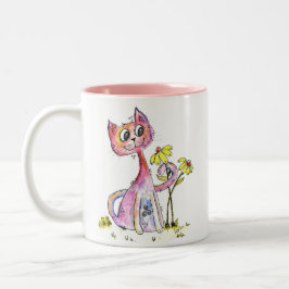 Caneca De Café Em Dois Tons Gato Cinzento Branco Cinto com Flores Amarelas