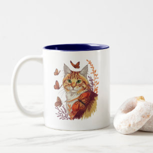 Caneca De Café Em Dois Tons Gato com Borboletas Monarcas