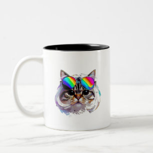 Caneca De Café Em Dois Tons Gato com Peruca + Óculos de Sol (Pintura #3)