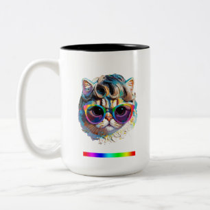 Caneca De Café Em Dois Tons Gato com Peruca + Óculos de Sol (Pintura #4)