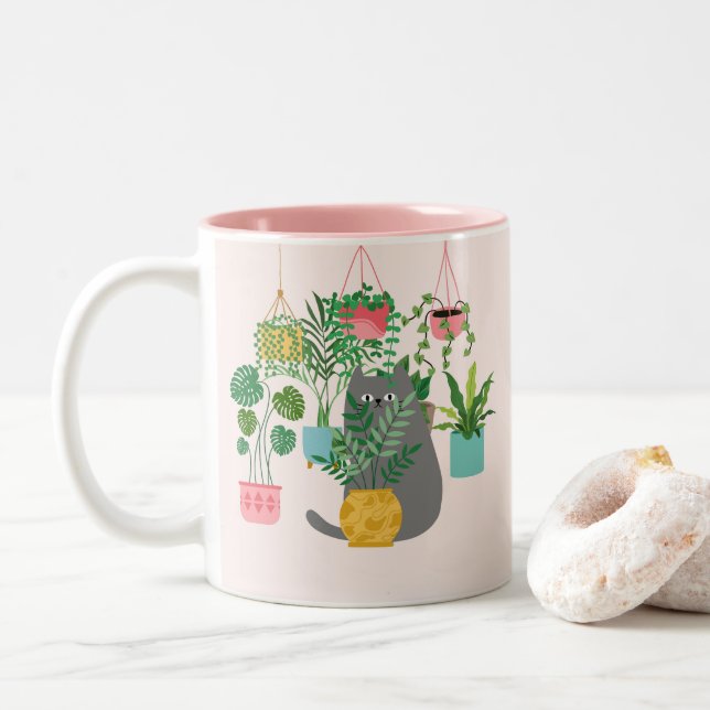 Caneca De Café Em Dois Tons Gato das Plantas (Com Donut)