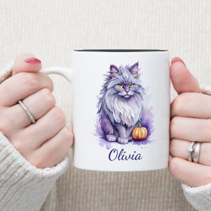 Caneca De Café Em Dois Tons Gato de angorá de aquarela do Halloween com abóbor