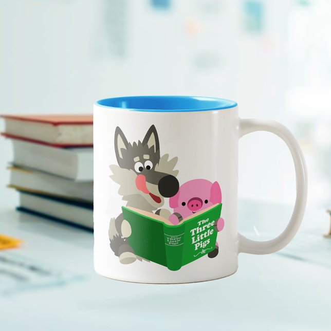 Caneca De Café Em Dois Tons Gato De Cartoon E Lobo Lendo Juntos (Criador carregado)