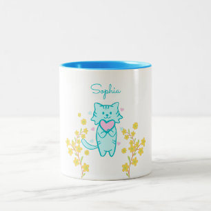 Caneca De Café Em Dois Tons Gato de Flor Cinto e Sopro