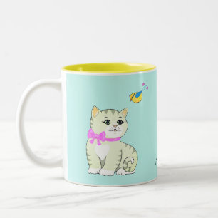 Caneca De Café Em Dois Tons Gato de Gatinho e Pássaro Pequeno em Azul Claro