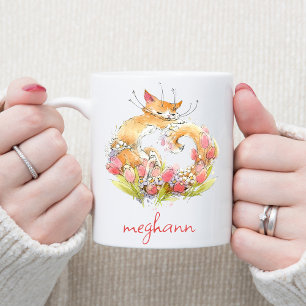 Caneca De Café Em Dois Tons Gato de Gatinho querido com Tulipas Rosa Personali