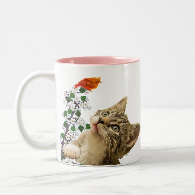 Caneca De Café Em Dois Tons Gato de Gato, Flores e Pássaro Pequeno (Esquerda)
