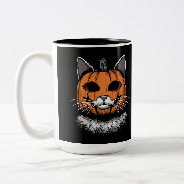 Caneca De Café Em Dois Tons Gato de Halloween, Cara de Abóbora (Esquerda)