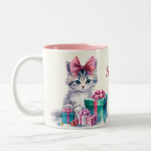 Caneca De Café Em Dois Tons Gato de Kitty Doce Adicionar Nome Gpresente Person