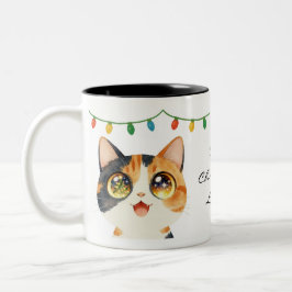 Caneca De Café Em Dois Tons Gato de Olhos Brilhantes Luzes Sagradas de Natal