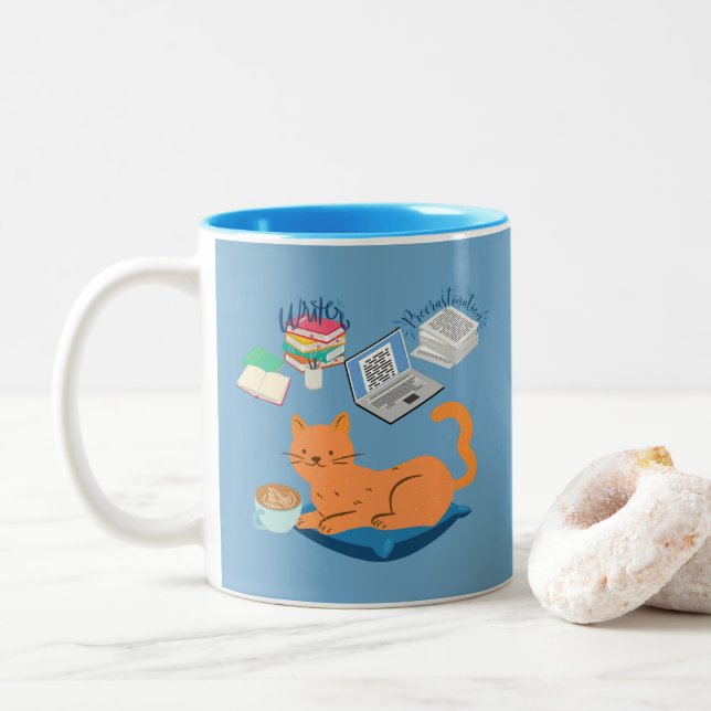 Caneca De Café Em Dois Tons Gato do Escritor de Procrastinação (Com Donut)