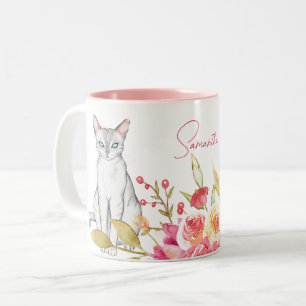 Caneca De Café Em Dois Tons Gato e Flores Personalizadas, Rosa e Branco